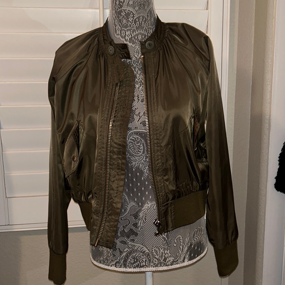 Free People Green Olive Midnight Nylon Bomber Jacket Full Zip Spring 90s Grunge